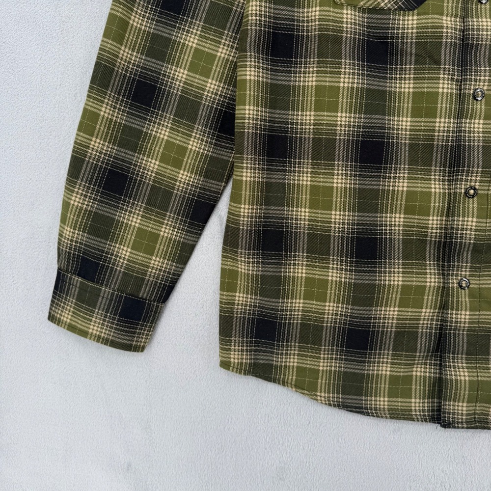 Dixxon Flannel Action Olive Green Black Plaid D-Tech Snap Button Shirt Mens M - Picture 7 of 16